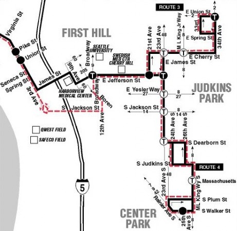 Map of south sections of Metro routes 3 & 4