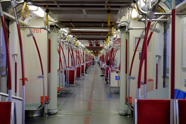 Walkthrough interior of TTC Rocket subway train showing