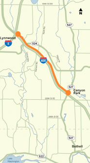 Shoulder lanes will be added in 2017 between SR 527 and I-5. Map: WSDoT